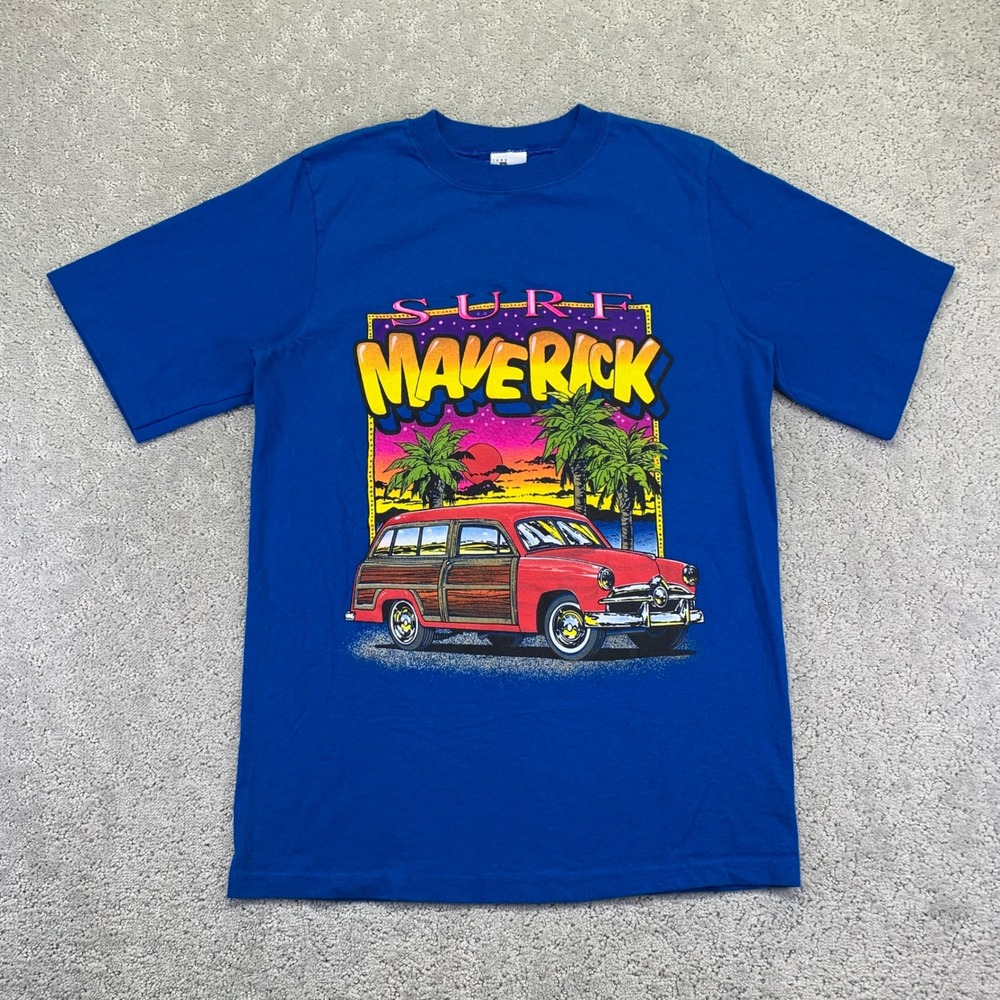 VTG 90s Surf Maverick T-Shirt Kids Sz XL Blue‎ Car Graphic Vibrant Single Stitch